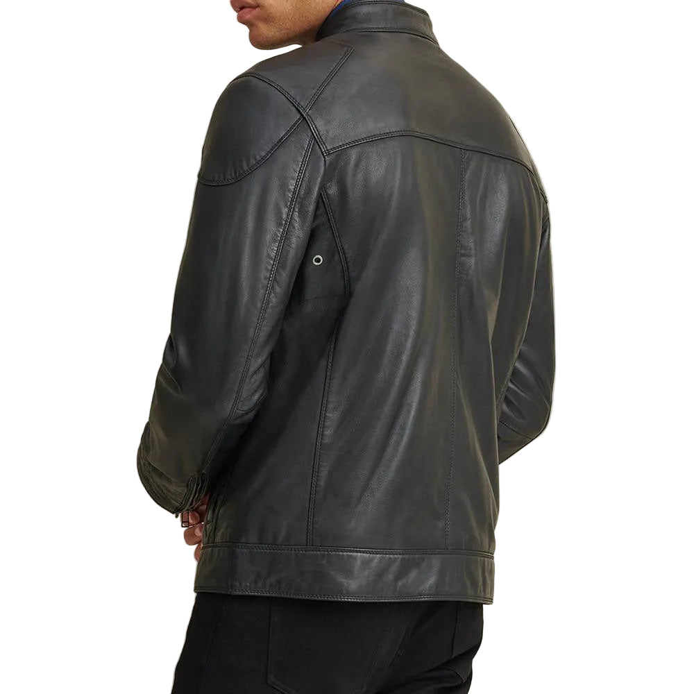 Black motorbike leather jacket for men with zip cuffs
