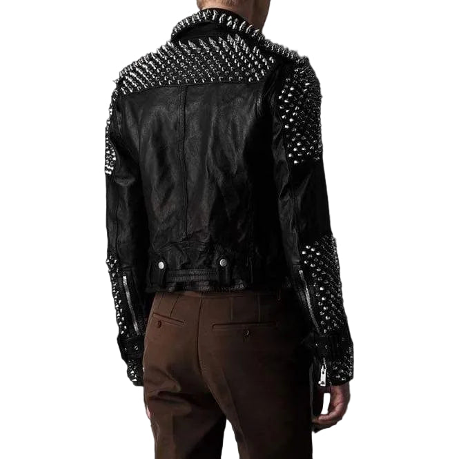 Black rocker leather jacket with silver studs for men
