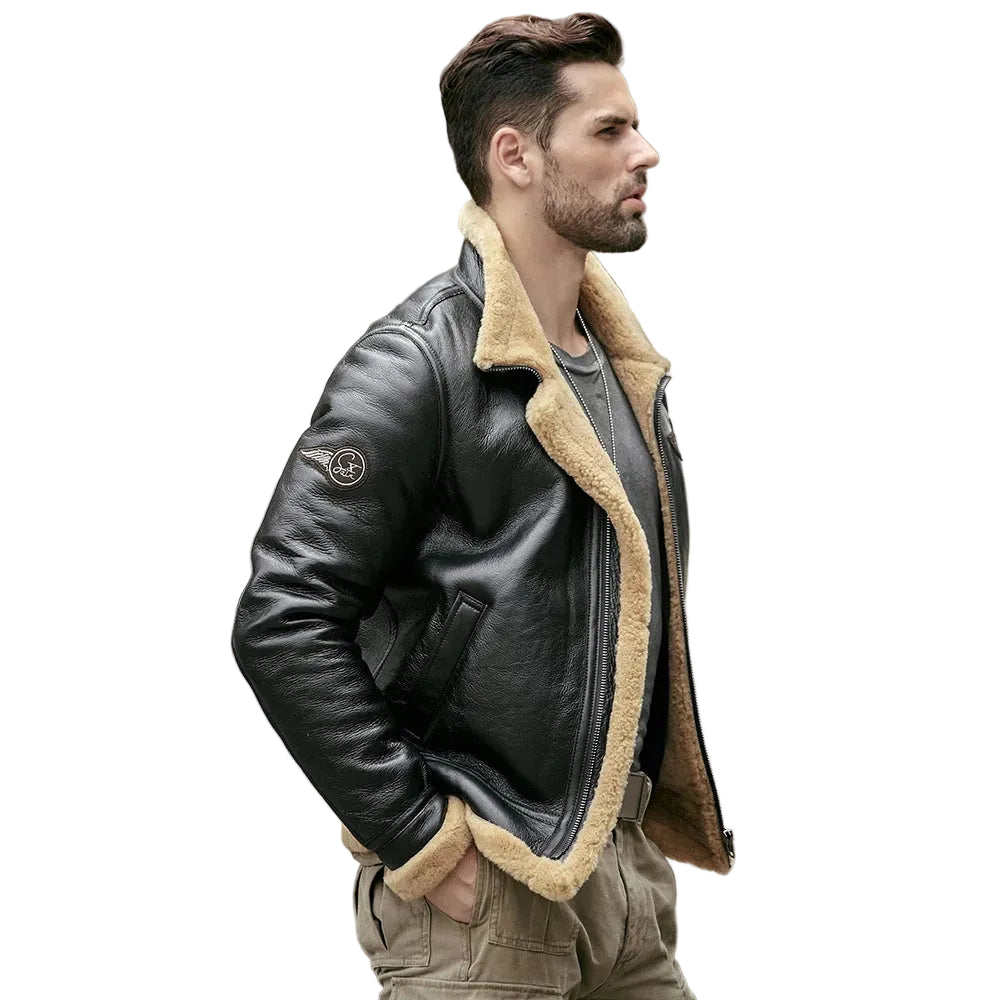 Black shearling aviator jacket for men
