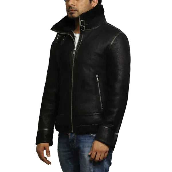 Black shearling aviator jacket for men
