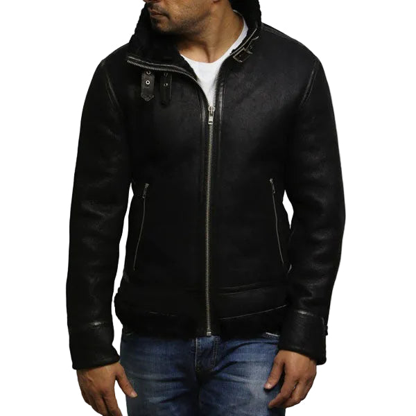 Black shearling aviator jacket for men
