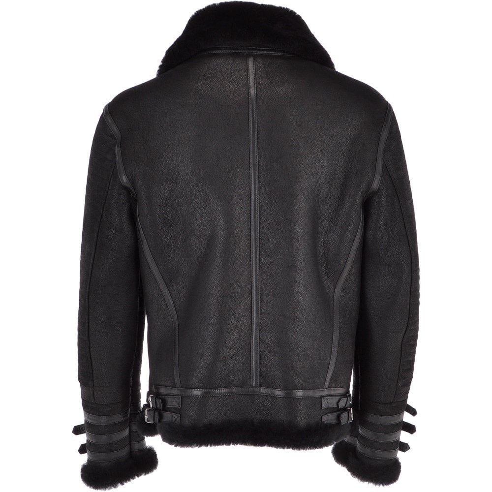 Black shearling leather flight jacket for men
