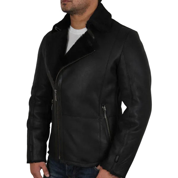 Black shearling leather flying coat for men