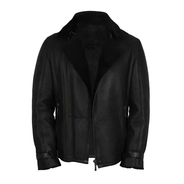 Black shearling leather flying coat for men