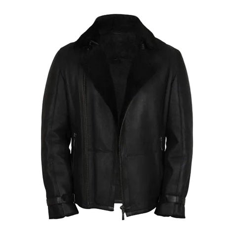 Black shearling leather flying coat for men