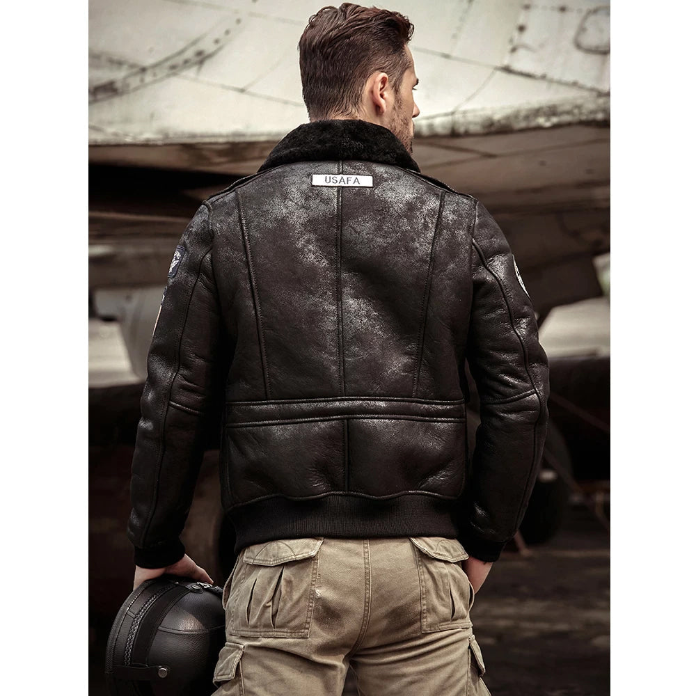 men’s black sheepskin leather aviator jacket side angle