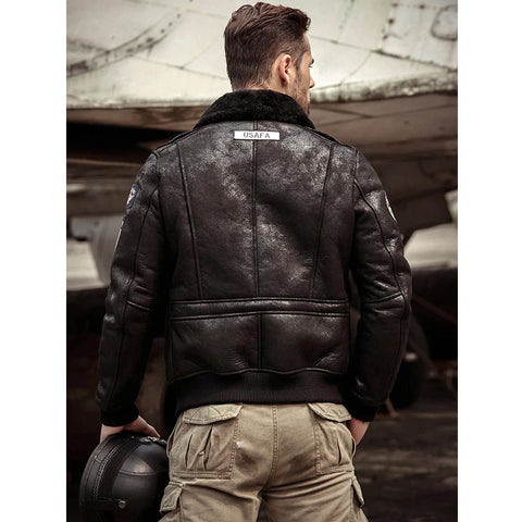 men’s black sheepskin leather aviator jacket side angle