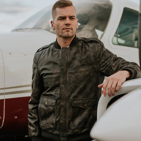 Black sheepskin flying jacket for men with shearling lining

