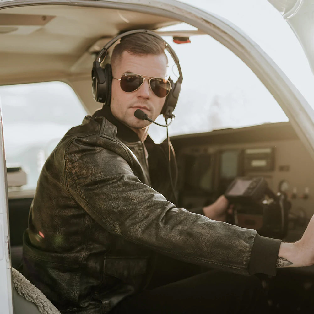 Black sheepskin flying jacket for men with shearling lining
