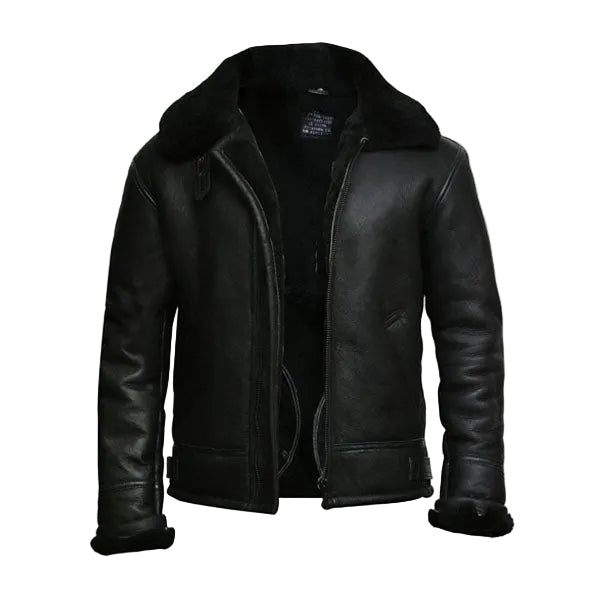 Black sheepskin flying jacket with thick fur lining
