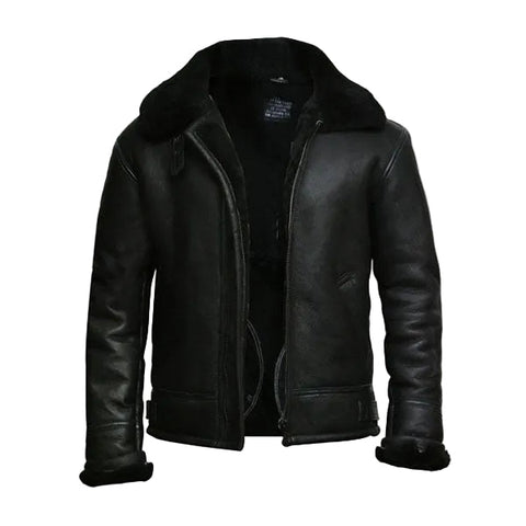 Black sheepskin flying jacket with thick fur lining
