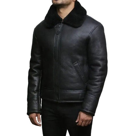 Black sheepskin flying jacket with thick fur lining
