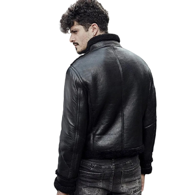 Black sheepskin motorcycle jacket for men

