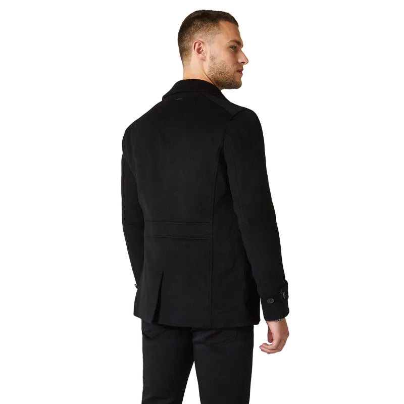 Black wool peacoat for men with six-button closure
