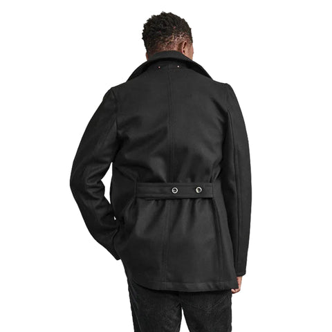 Black wool peacoat with oversized lapels
