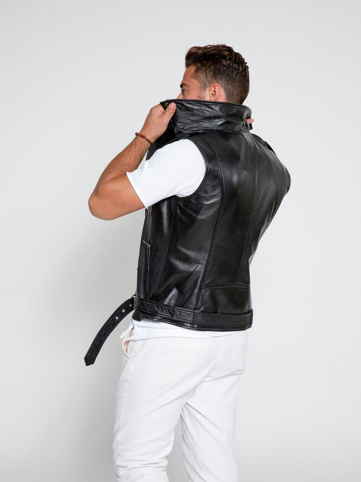 men's black leather vest cassian back view