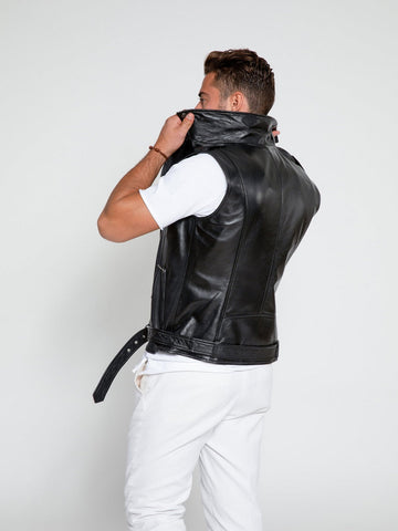 men's black leather vest cassian back view