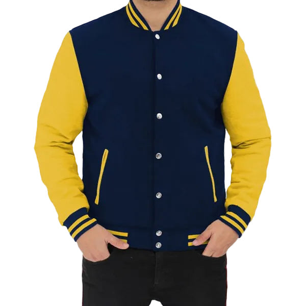 men’s blue cowhide leather varsity jacket front view