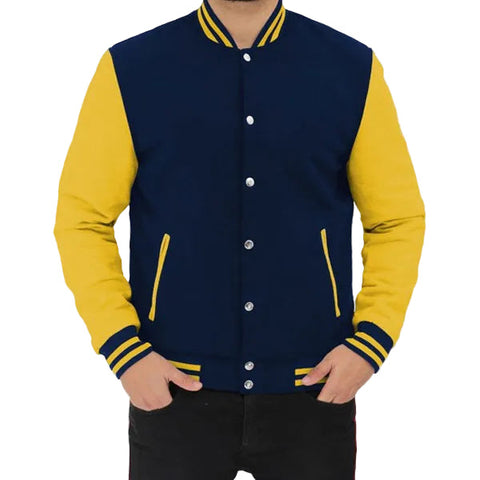 men’s blue cowhide leather varsity jacket front view