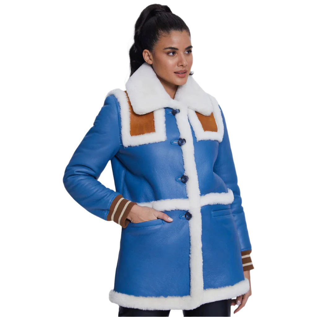 Blue Shearling Jacket with White Fur for Women - AMSEL LEATHERS