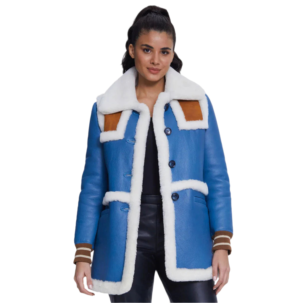 Blue Shearling Jacket with White Fur for Women - AMSEL LEATHERS