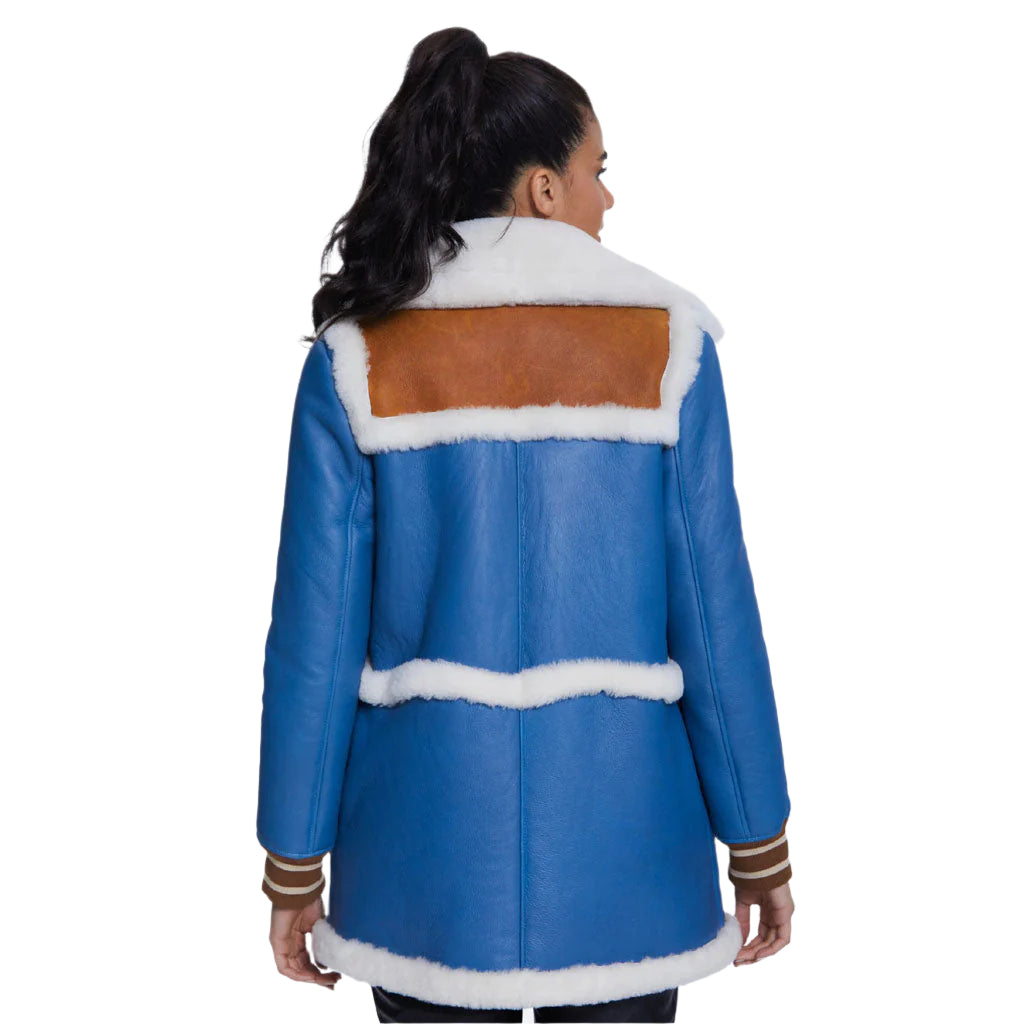 Blue Shearling Jacket with White Fur for Women - AMSEL LEATHERS