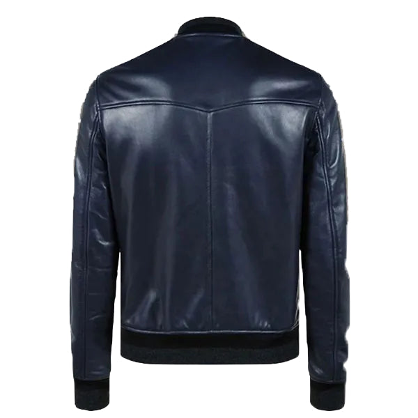 men’s blue cowhide leather bomber jacket side angle