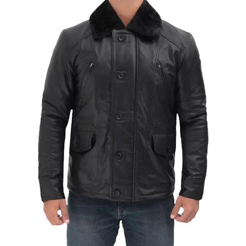 • boehmer mens black shearling leather jacket front view
