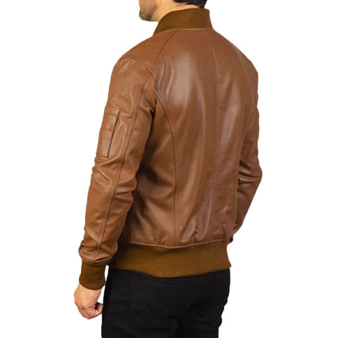 • brown leather flight jacket ribbed collar detail
