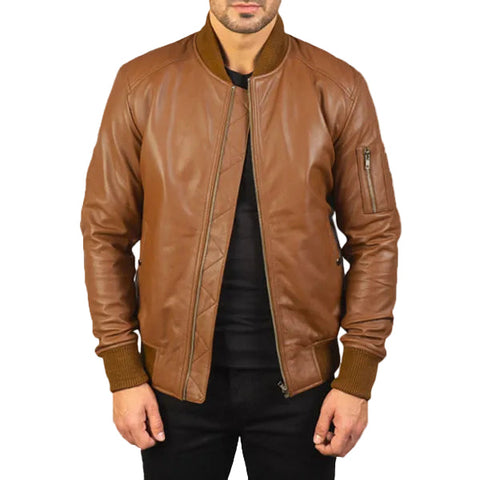 • ma1 brown leather bomber jacket mens front view
