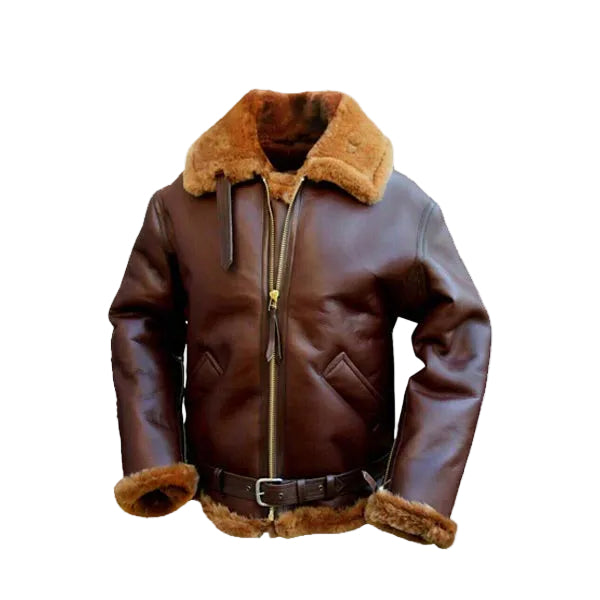 • brown belted leather bomber jacket mens front view
