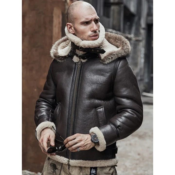 Brown Hooded B3 RAF Aviator Shearling Leather Jacket for Men - AMSEL LEATHERS