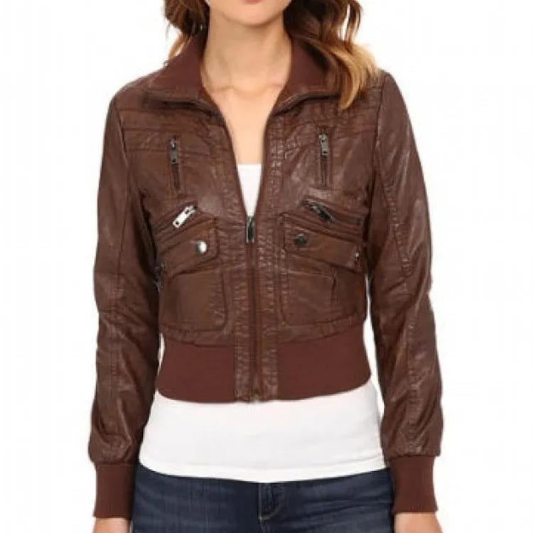 Brown Leather Bomber Jacket For Women - AMSEL LEATHERS