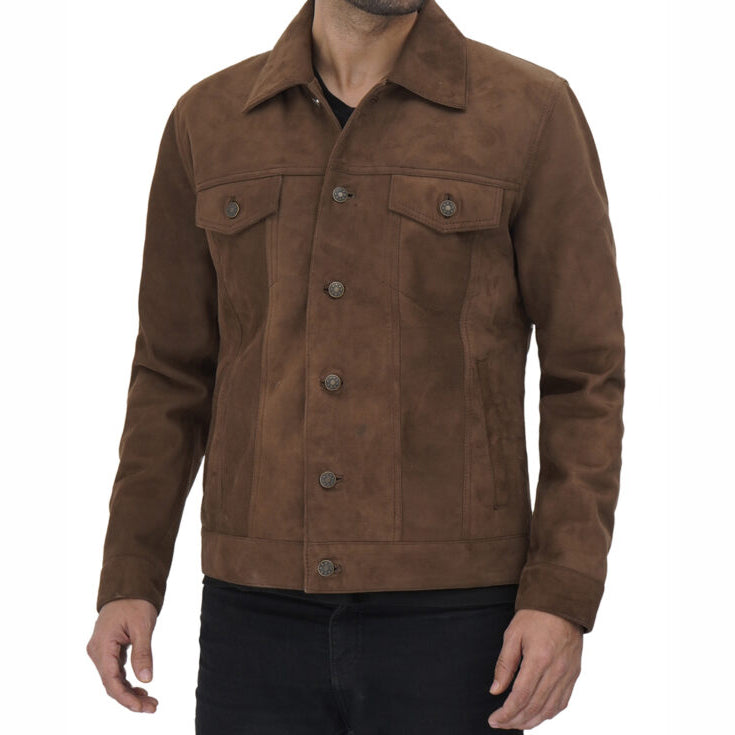 Brown Leather Trucker Jacket for Men - AMSEL LEATHERS