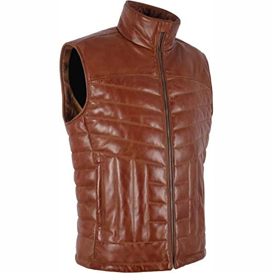 Brown Men's Quilted Puffer Leather Vest - AMSEL LEATHERS