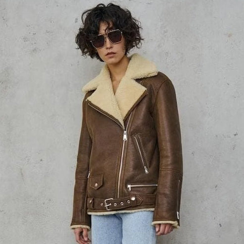 Brown Sheepskin Shearling Coat Aviator Jacket Women - AMSEL LEATHERS