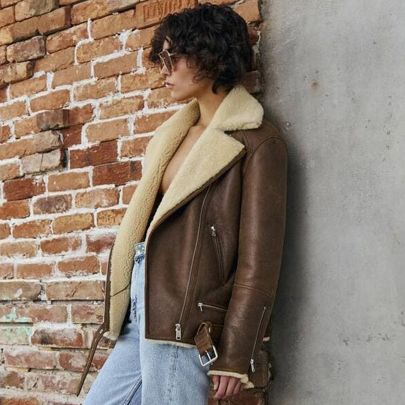 Brown Sheepskin Shearling Coat Aviator Jacket Women - AMSEL LEATHERS