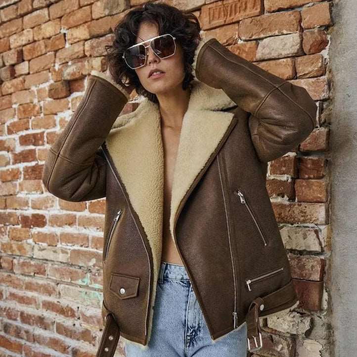 Brown Sheepskin Shearling Coat Aviator Jacket Women - AMSEL LEATHERS