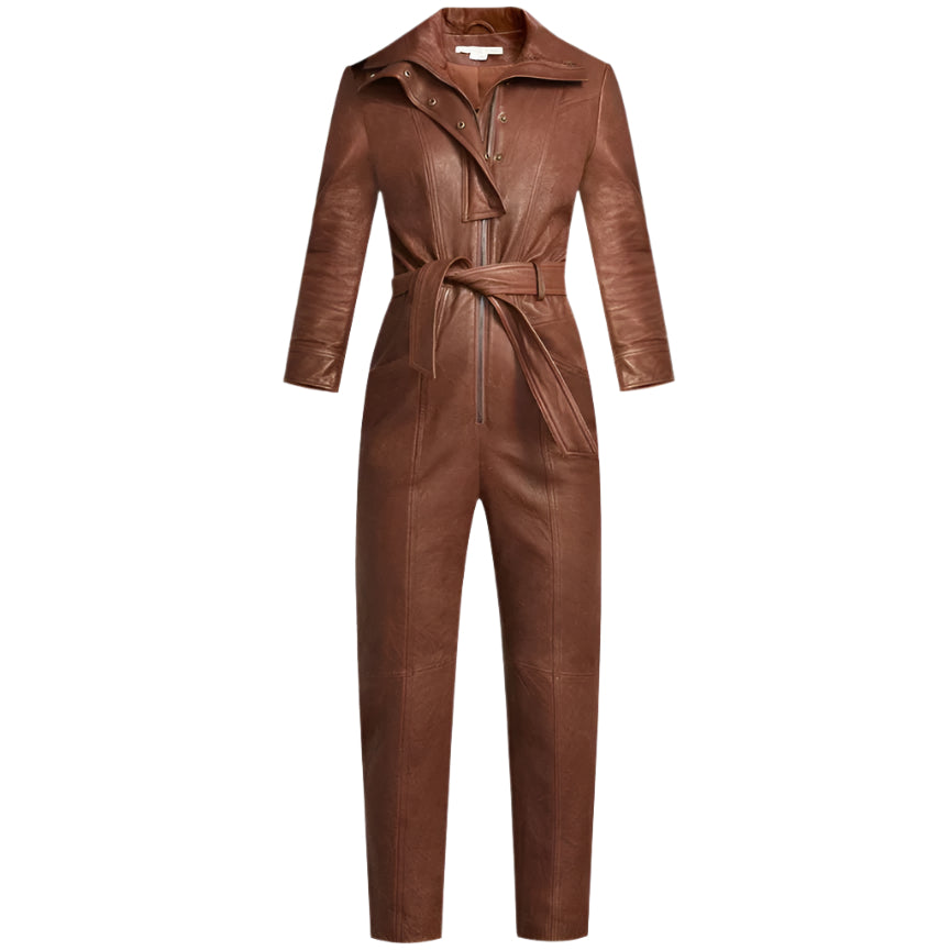 Brown Utility Belted Leather Jumpsuit for Women – Chic & Trendy - AMSEL LEATHERS