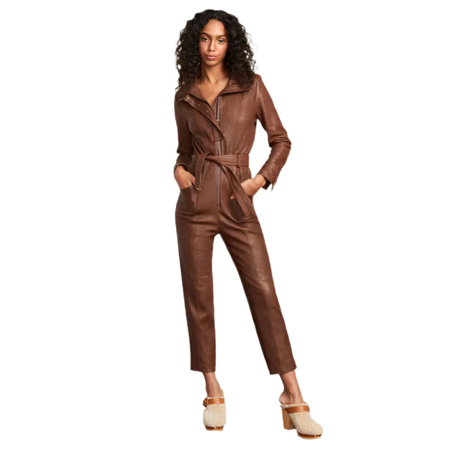 Brown Utility Belted Leather Jumpsuit for Women – Chic & Trendy - AMSEL LEATHERS