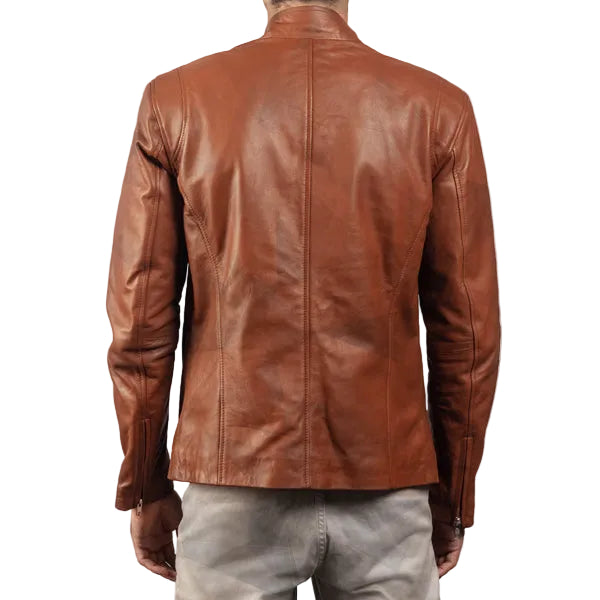 • mens brown motorcycle jacket zipper detail
