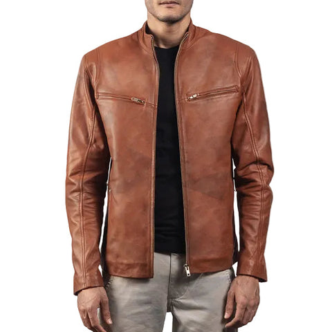 • brown biker leather jacket mens front view
