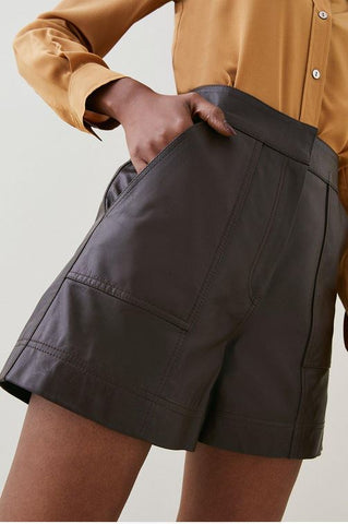 • womens high waist leather shorts brown detail
