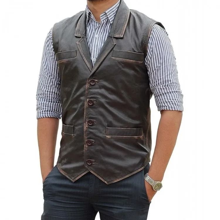 Brown Leather Vest for Men - Western Cowboy Style - AMSEL LEATHERS