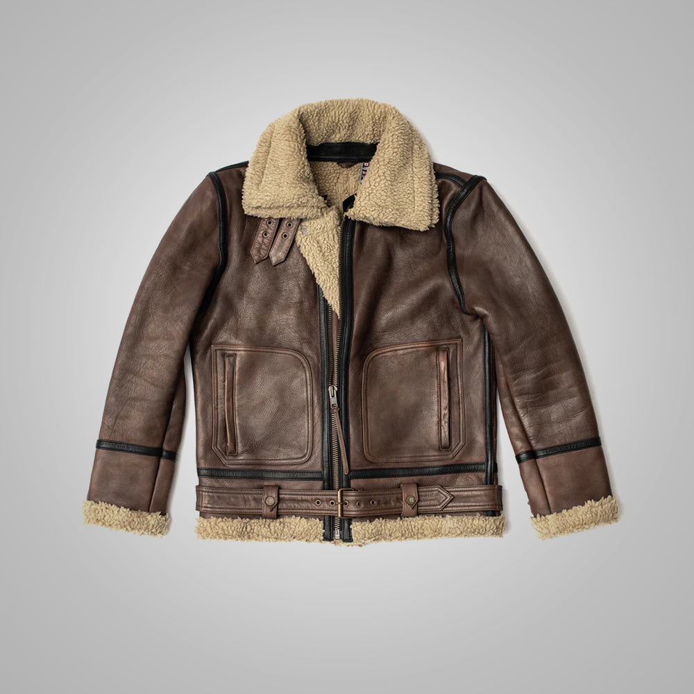 • brown sheepskin jacket mens sherpa lining front view
