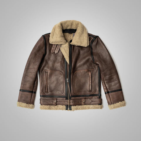 • brown sheepskin jacket mens sherpa lining front view
