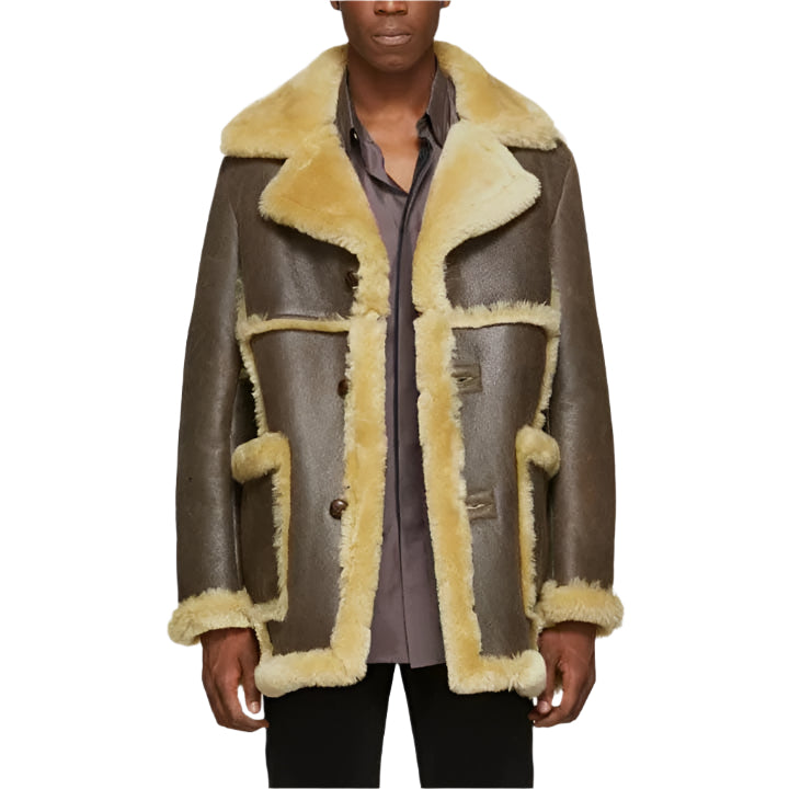 Men Brown Sheepskin Shearling Leather Jacket Coat - AMSEL LEATHERS