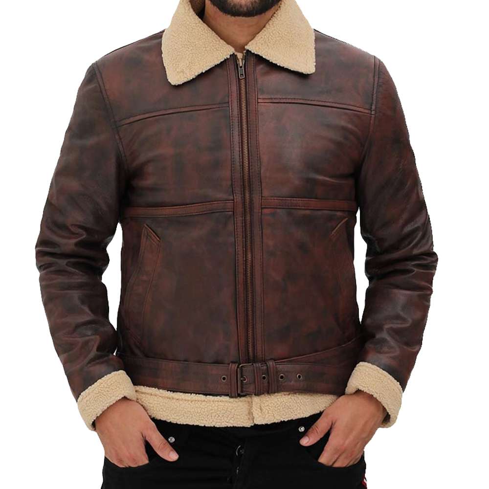 Brown Vintage Distressed Shearling Bomber Leather Jacket - AMSEL LEATHERS