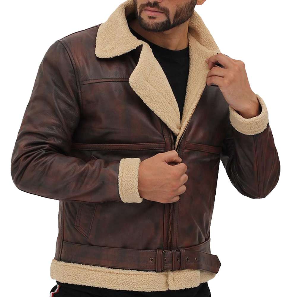 Brown Vintage Distressed Shearling Bomber Leather Jacket - AMSEL LEATHERS