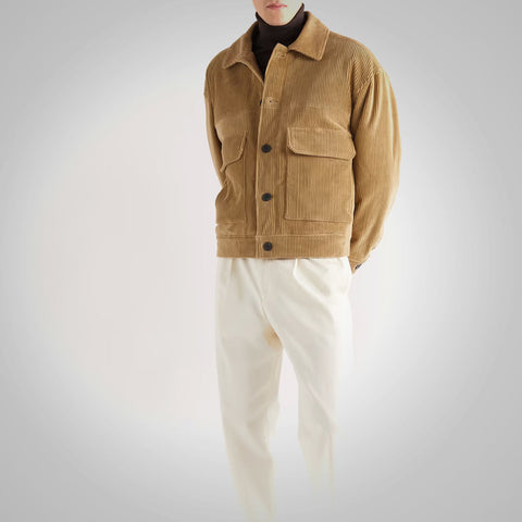 men's brown slim fit leather trucker jacket armand back view